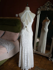 Vintage Rhinestones White Cutout Back V-neck Velvet Gown Evening Dress