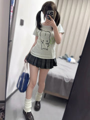 Gray Jirai Kei Puppy Print Round Neck T-shirt