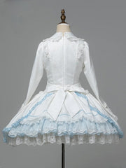 White & Blue Lace-Trimmed Sweet Lolita Dress with Bows and Petal-Edged Cuffs