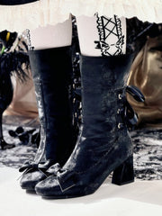 Clearance - Size 37 for Foot Length 23.5cm Black Elegant Lolita High Block Heel Ankle Boots - Foldable Cuff with Rear Lacing & Scalloped Edging