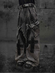 Y2K Wasteland Punk Grey Wide-Leg Jeans with Cross & Raw Hem Detailing