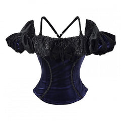 Goth-Style Slim Cut Glittery Puff Sleeves Top with Open Back and Adjustable Cross Shoulder Straps