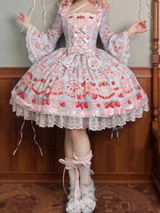 Strawberry Cake Print Blue Sweet Lolita Dress Long Bell Sleeves One Piece