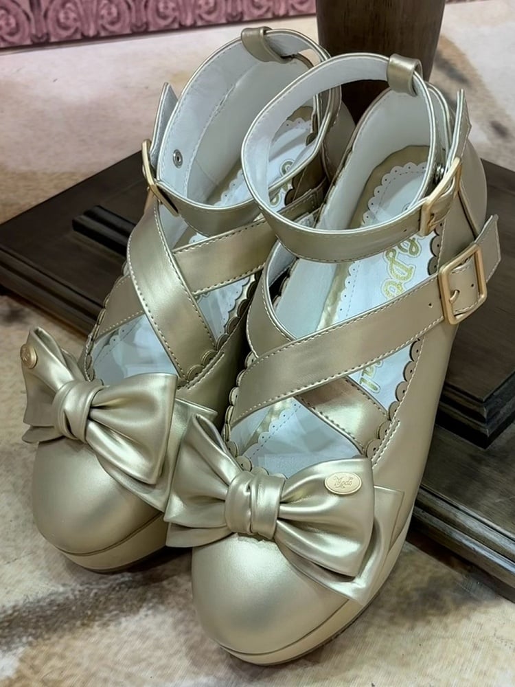 Wooden Look Platform & Bow at Top PU Golden Platform Mary Jane Shoes in Sweet Lolita
