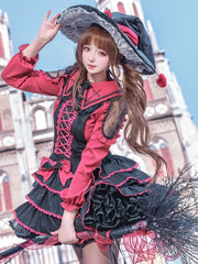 Wine Red Cross Embroidered Pointed Collar Blouse with Lace Shoulders