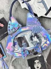 Kitty Ear Design Bowknot Studs Detail Blue PU Tote Bag Ita Bag with  Free Card Holder