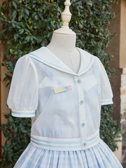 White Sailor Collar Blue Buttons Summer Top