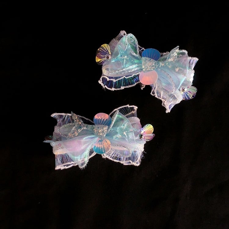 Iridescent Sequined Bow Hairclips with Seashell Accents