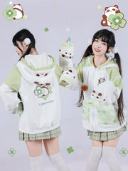 White & Green Cute Panda Design Zip Closure Hoodie