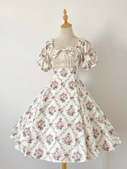Off White Square Neckline Elegant Floral Print Lolita Fashion Dress