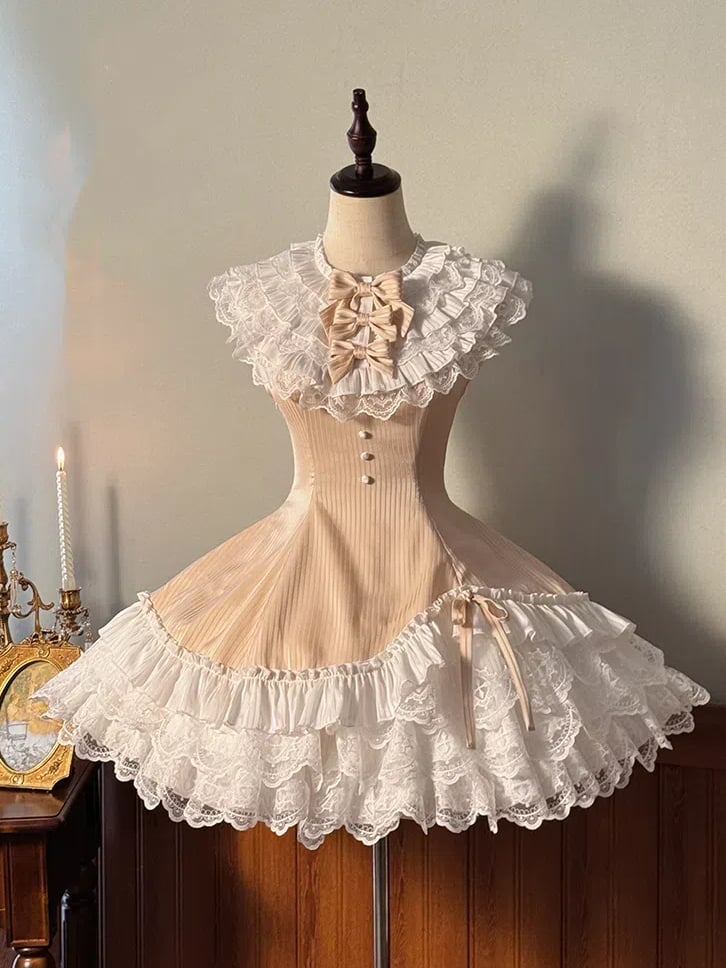 Clearance - Size S for Bust 88cm Champagne Striped Fabric Slim Fit Waist Layered Ruffle Neck Sweet Lolita Sleeveless Dress