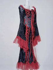 Clearance-Size S for Bust 73-88CM Gothic Black&Red Lace Trim Floral Mermaid Dress+Lace-up Detail Cross Corset Belt
