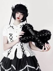Black Punk Y2K Bone-Shaped Fleece Bag With Studded Crisscross Straps