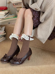 Ribbed Socks with Lace Ruffle & Bow Cuffs