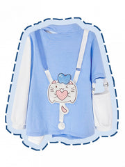 White & Blue Colorblock Design Asymmetrical Hem Sweatshirt