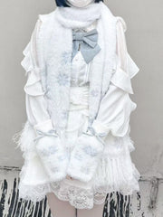 White Knit Fingerless Gloves with Silver Bowknot and Snowflake & Bead Accents