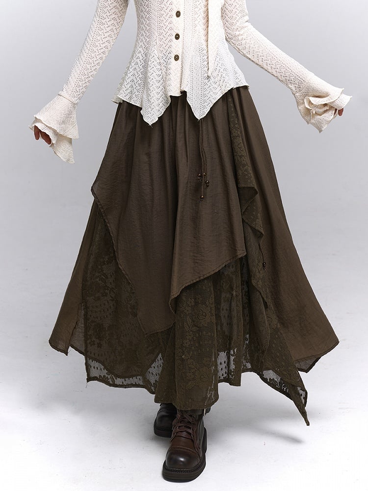 Millard Dark Coffee Wasteland Punk Elastic Waist Maxi Skirt with Floral Embroidery & Asymmetric Hem