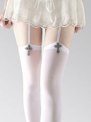 Gothic Style White/Black Metal Cross Suspender Stockings
