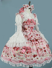Pink Flutter Sleeves Strawberry Cake Print Sweet Lolita JSK Dress+Blouse+Bonnet+KC+Wrist Cuffs Full Set