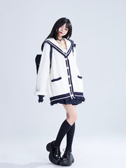 White Sailor-Collar Knit Cardigan with Blue Distressed Hem & & Embroidered Crest
