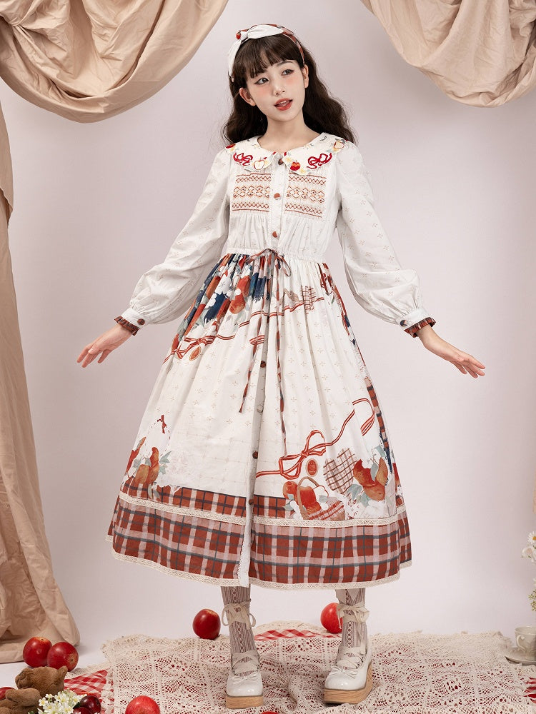 White Apple and Plaid Print Front Button Placket Autumn One Piece