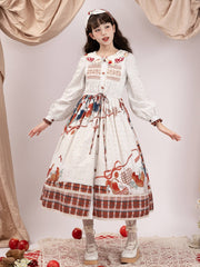 White Apple and Plaid Print Front Button Placket Autumn One Piece