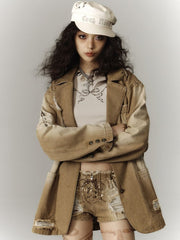 Vintage Khaki Punk Distressed Hole Longline Denim Blazer with 3D Pockets & Pins