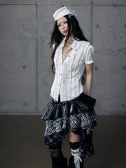 White Wasteland Punk V-Neck Distressed Short Sleeve Blouse with Pintuck Pleats