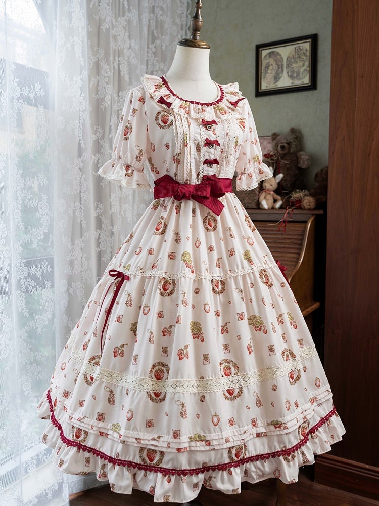 Strawberry Print Pink House Fashion Beige Short Sleeves Lolita Dress