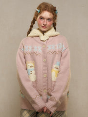 Yellow/Black/Pink Vintage Snowman Jacquard Knit Cardigan - Button-Front Kawaii Charm