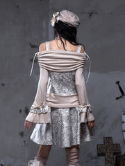 Vintage Punk A-Line Beige-gray PU Dress with Khaki Knit Off-Shoulder Design & Belt