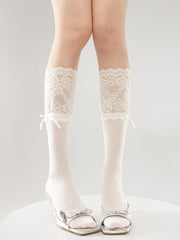 White/Light Gray/Black 30CM Lace Cuff Calf Socks with Bow Decoration