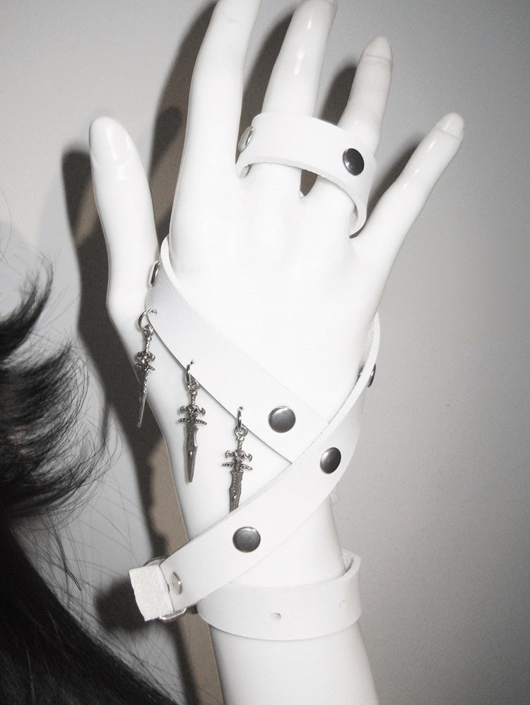 White Stud Detail Sword Charm Punk Bracelet