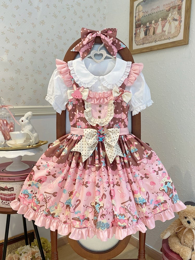 Bunny and Dessert Print Pink High Waist Sweet Lolita Dress