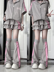 Gray Leg Warmers with Gothic Pink Text Stripe Detail & Cross Print