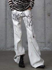White Punk Wide-Leg Chain Print Pants with Cross Studs & Button-Up Fly