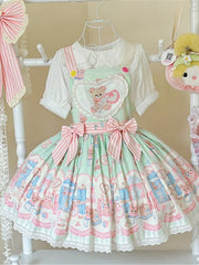Teddy and Bunny Plush Toy Print Green Sweet Lolita Overall Dress