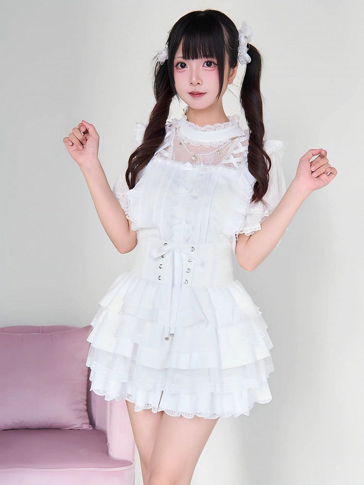 White Tiered Lace-Trimmed Skirt Jirai Kei Style Smocked Back Waist & Lace-up Corset Detail