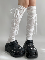 White/Black/Gray Ballet-Style Strappy Bow Design Calf Socks