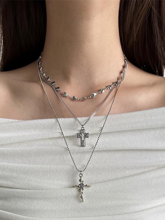 Y2K Silver Multi-Layered Necklace With Cross Pendants