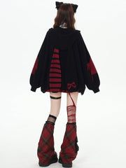Y2K Black/Wine Red Striped Bunny Ears Design Hooded V-neck Cardigan