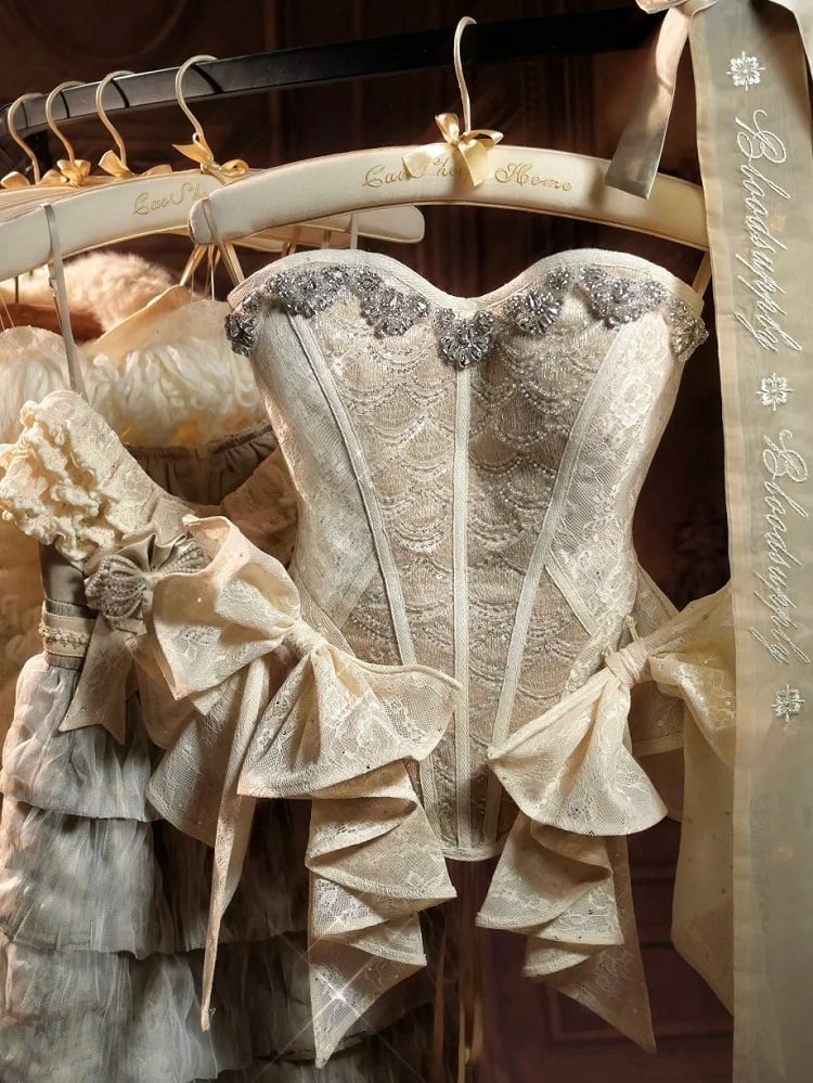 Victorian-Inspired Sequined Lace Boned Corset with Two Detachable Bows