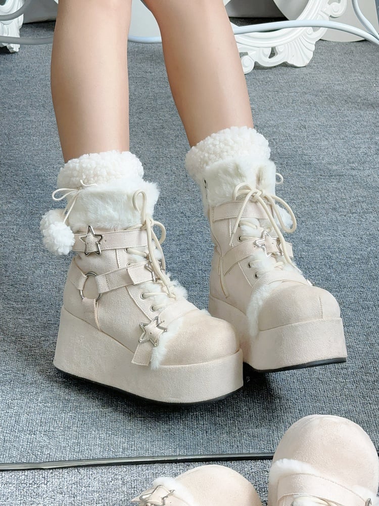 Star-shaped Buckles Plush Lining Beige Winter Platform Boots