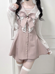 Sweet Jirai Kei Pink Coord Set: Sailor Collar Dress with Mesh Sleeves, Shorts & Detachable Bow