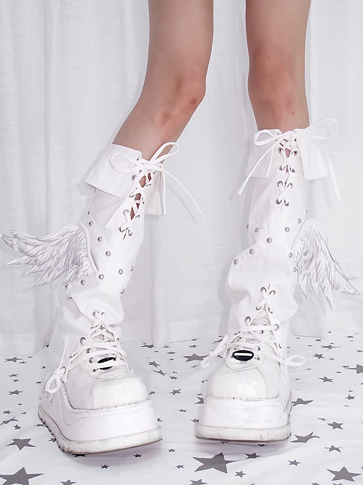 White Angel Wing Punk Leg Warmers with Crisscross Laces & Studded Details