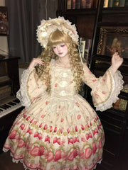 Strawberry Print Beige Bell Sleeves Lolita Dress with Lace Trim and Bow Accents