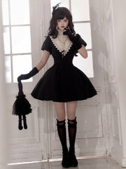 Black and Beige Ruffle Banded Collar Gothic Nun Lolita Dress Short Version
