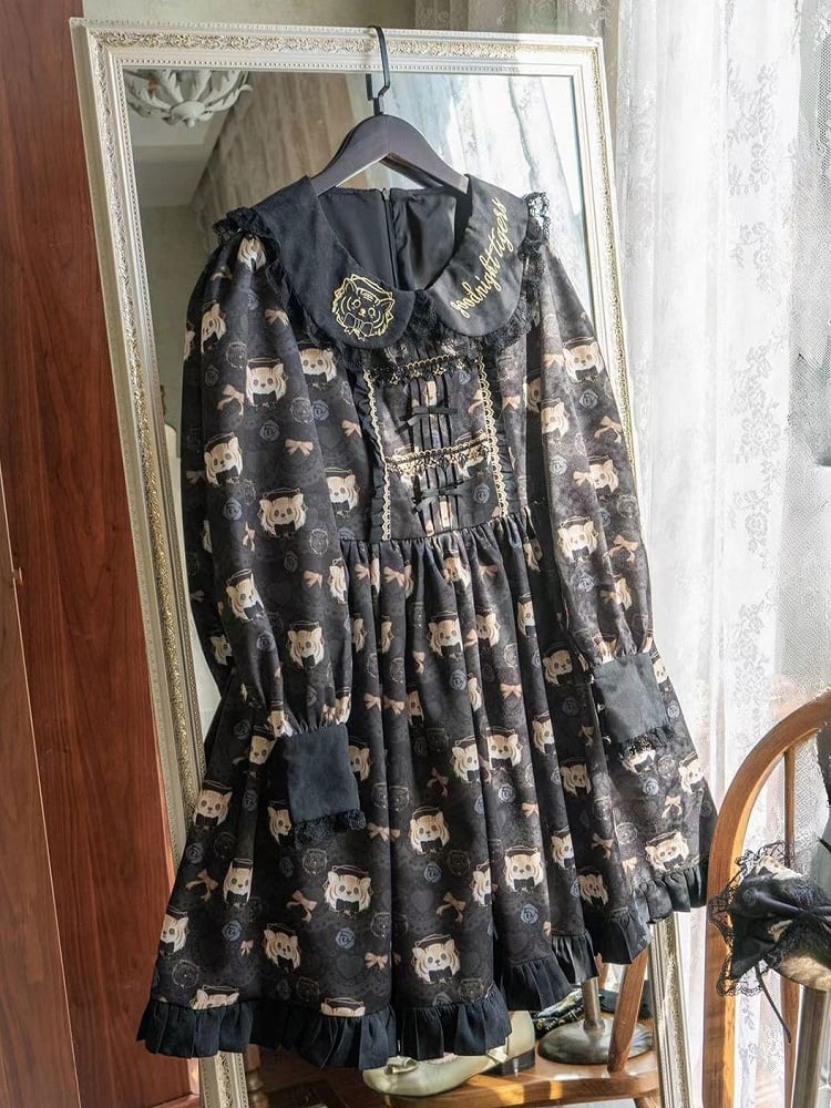Black Sweet Lolita Dress with Cute Tiger Print and Ruffled Hem