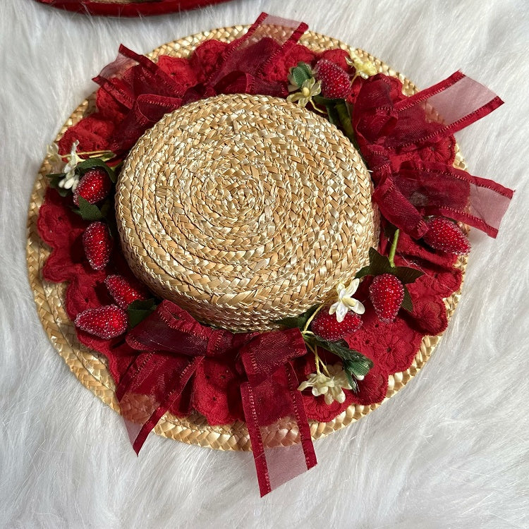 Sweet Lolita Strawberry Decorations Bow Details Straw Mini Hat
