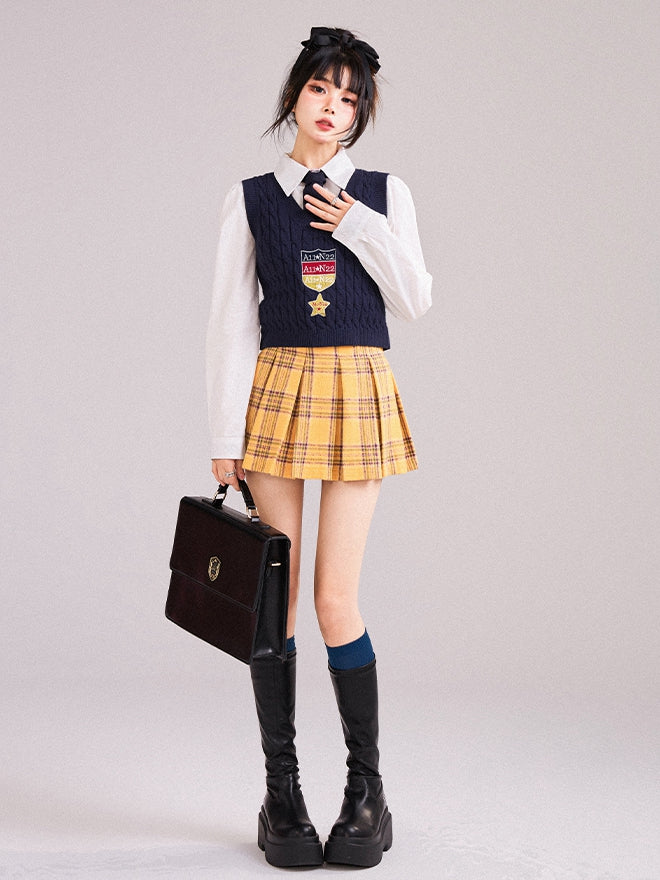 Yellow Plaid Pattern Preppy Box Pleat Skirt